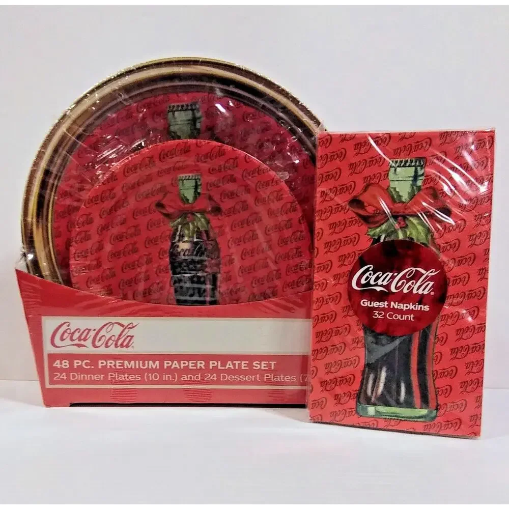 Coca-Cola Bottle Christmas Design 48 pc. Paper Plate Set & 32 ct. Napkins New